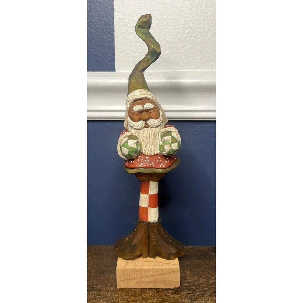 Vintage Hand Carved Wood Santa Clause Caricature Folk Art 10.5" Skinny Legs